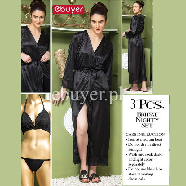 Black Smooth And Comfortable Luxury full Salves Gown Night Wear 3 Pc