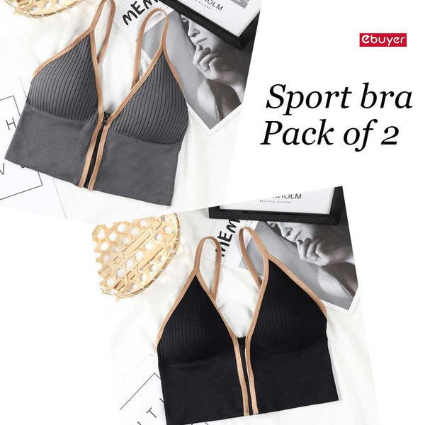 Pack Of 2 Front Zipped Stretchable Non Wired Padded Sport Bra